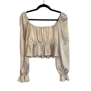 Idem Ditto Champagne Satin Puff Sleeve Smocked Peplum Crop Top Milkmaid Coquette
